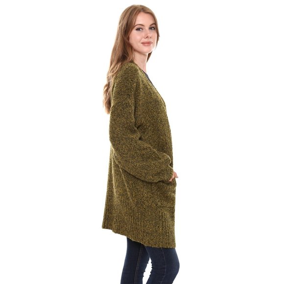 JANICE WOMENS KNITTED MUSTARD/GREEN CARDIGAN W/BISHOP SLEEVES /POCKETS - OS - Picture 4 of 6